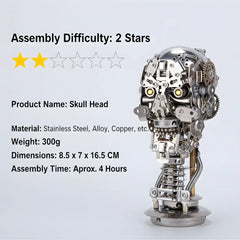 A graphic for the Cybernetic Skull Initiate beginner metal puzzle, showing its 2-star difficulty, 4-hour assembly time, 300g weight, and 16.5cm dimensions
