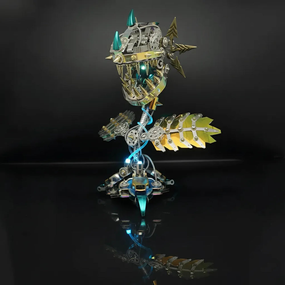 The Cyberpunk Mechanical Carnivorous Plant illuminated with blue light, reflecting on a black surface, highlighting the glowing stem.