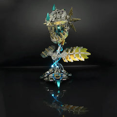 The Cyberpunk Mechanical Carnivorous Plant illuminated with blue light, reflecting on a black surface, highlighting the glowing stem.