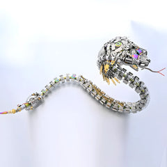 The LED Robot Snake Puzzle displayed in a curving pose, showing the full length and the meticulous assembly of the body segments