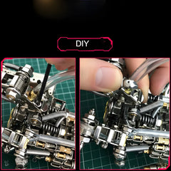 Hands assembling the DIY model kit, demonstrating the intricate process of connecting the energy tubes and securing the metal parts with tools