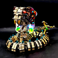 The Cyberpunk King Cobra, an expert-level DIY robot kit, with its green and blue LED lights illuminated on a black reflective surface