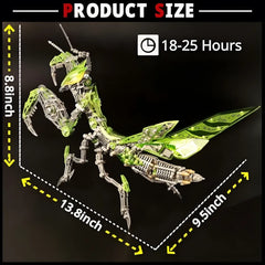 The finished green Mechanical Praying Mantis model with dimensions: 13.8in length and 8.8in height, confirming its colossal scale.