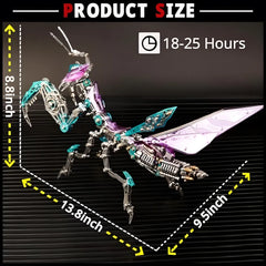 The finished purple Mechanical Praying Mantis model with dimensions, emphasizing the 18-25 hour expert assembly challenge
