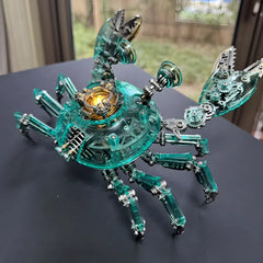 The assembled green Cyberpunk Crab model placed on a desk near a window, showcasing its bright internal light