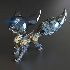 Dynamic front pose of the cyberpunk 3D metal puzzle fox, highlighting the blue glowing optic sensor behind the black translucent ears