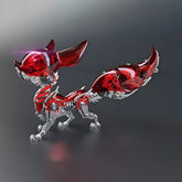 Dynamic pose of the Mechanical Fox with a translucent red shell, emphasizing the visible silver skeleton beneath the 'crystal' armor