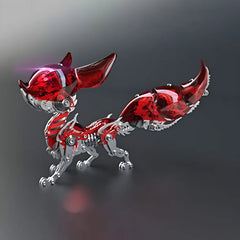 Dynamic pose of the Mechanical Fox with a translucent red shell, emphasizing the visible silver skeleton beneath the 'crystal' armor