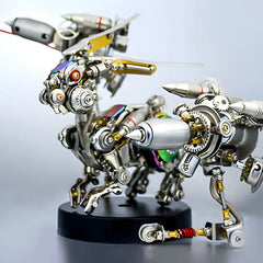 The mechanical rabbit model placed next to another assembled robot figure, showing its size and the sleek metal texture