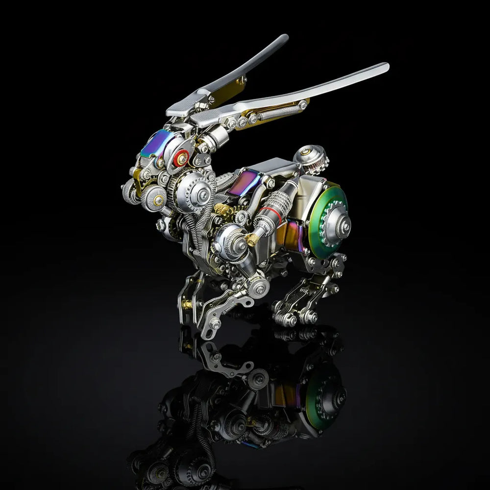 The Cyberpunk Mechanical Rabbit Model Kit with iridescent plates and springs, reflected on a black surface