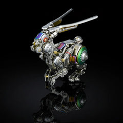 The Cyberpunk Mechanical Rabbit Model Kit with iridescent plates and springs, reflected on a black surface