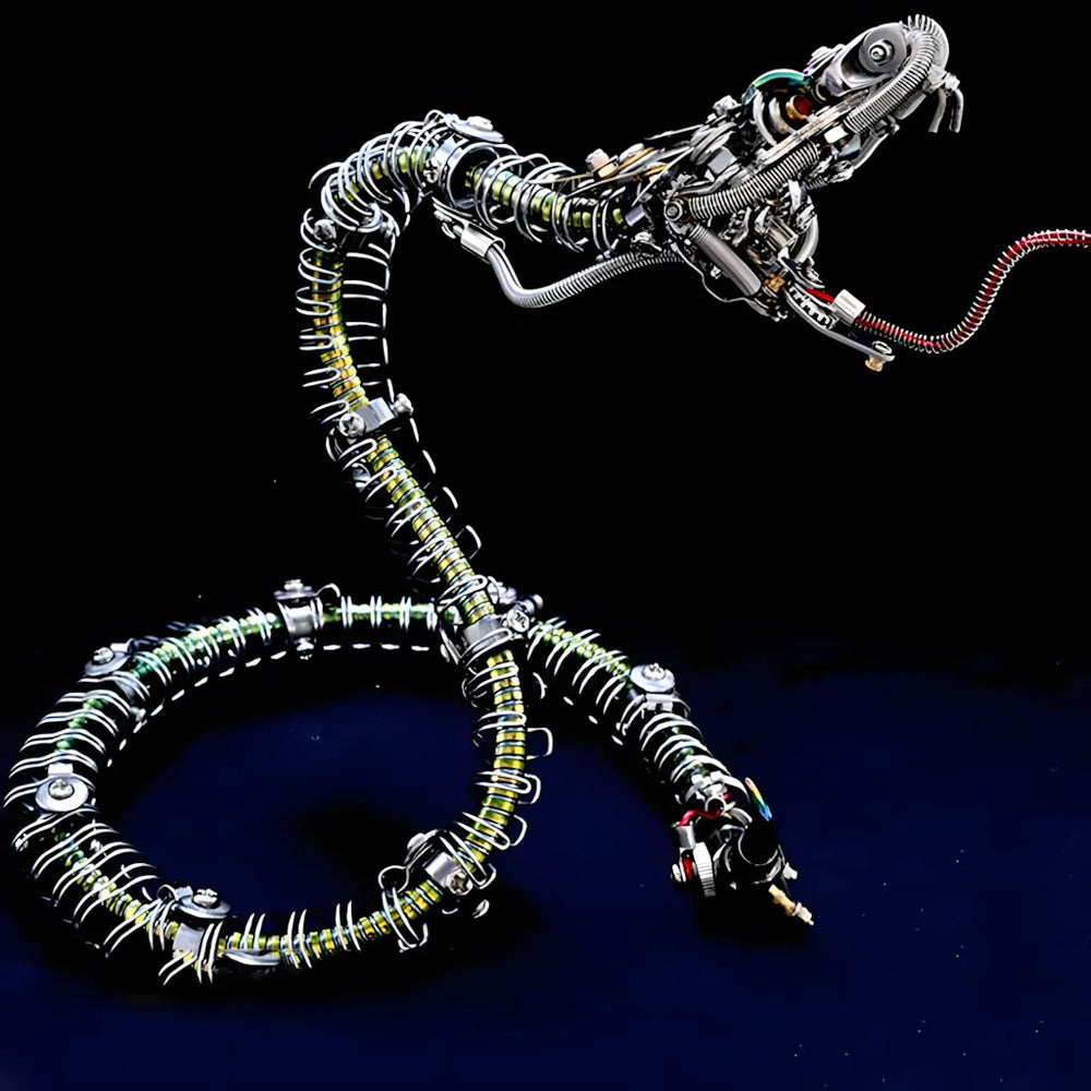 The Mechanical Rattlesnake Kit posed on a dark background, emphasizing the metallic silver armor and the glowing details on the head and tail.