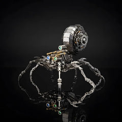 The Cyberpunk Spider King Plus, a DIY metal model kit, shown from the front on a black reflective surface.