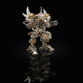 The mech robot with twin gatling guns on a black reflective surface, emphasizing its massive gearwork and imposing silhouette as a Steampunk 3D Metal Puzzle