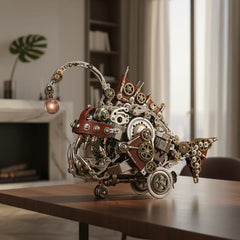 The finished steampunk fish model placed on a wooden table in a well-lit living room, highlighting its use as desk decor.