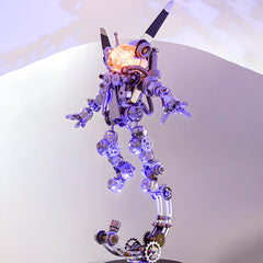 The astronaut robot model illuminated, highlighting the glowing plasma helmet and blue accents against a bright background