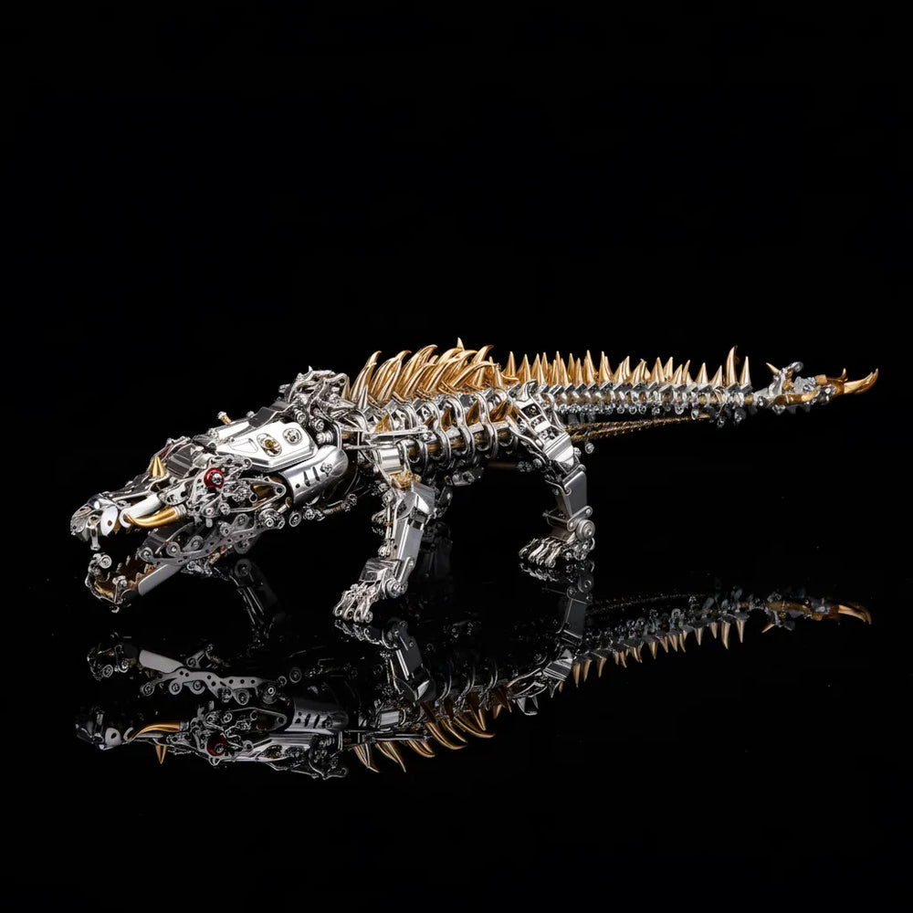 The Mechanical Crocodile 'The Leviathan', an expert-level DIY animal kit, shown from the side on a black reflective surface