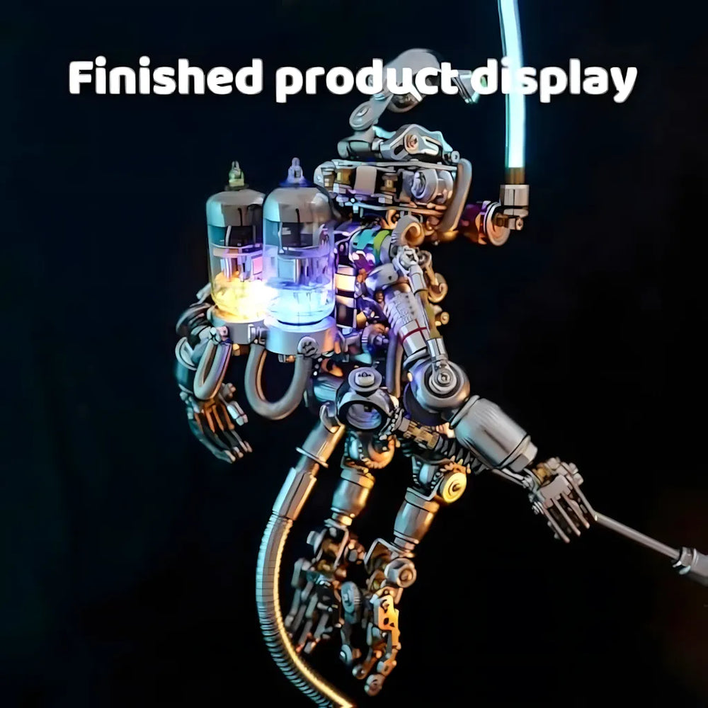 Side view of the finished product, showing the backpack, glowing energy tank, and the flexible light pipe on the shoulder