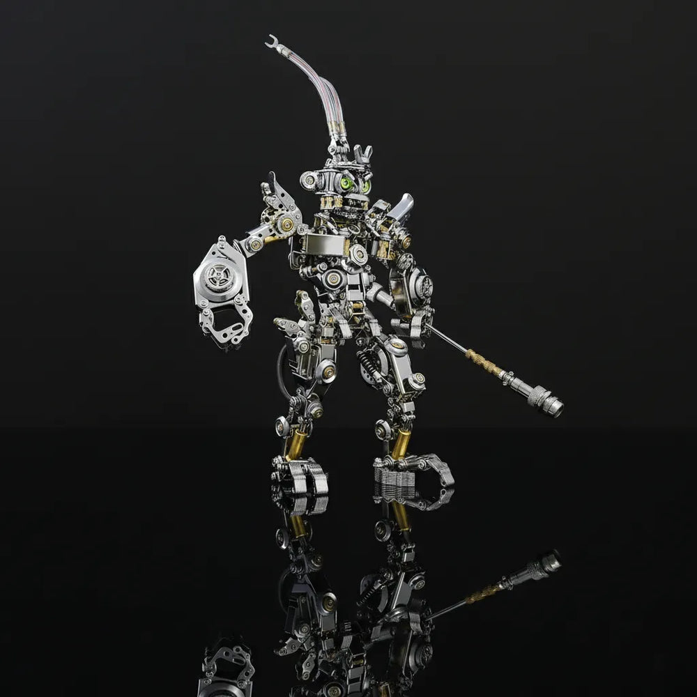 The Mechanical Monkey King robot in full battle stance, reflecting on a black surface, highlighting the staff and detailed armor.