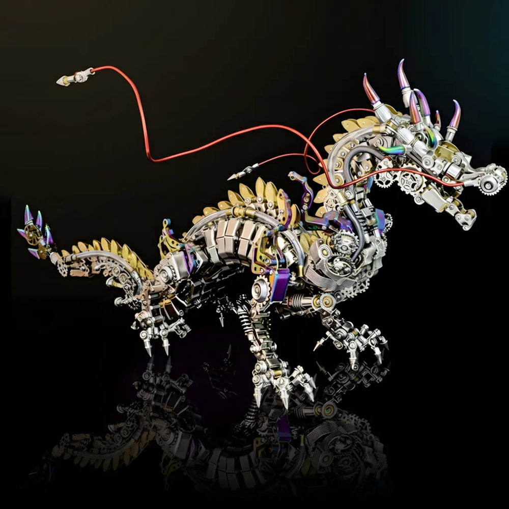 The Mechanical Oriental Dragon, an expert-level DIY kit, shown from the side on a black reflective surface.