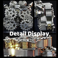 A macro detail shot (Detail Display) of the interlocking gears, cooling fins, and precision metal components of the mechanical owl model