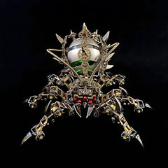 Front view of the Steampunk 3D Metal Puzzle spider speaker, showcasing the internal green LED light and complex gear joints