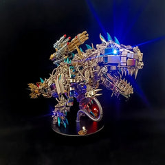 A detailed view of the formidable back-mounted cannons and weapon systems on the 3D metal dinosaur puzzle