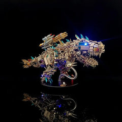 The Mechanical T-Rex Destroyer model with its blue LED eye illuminated in a dark setting, showcasing its back-mounted cannons