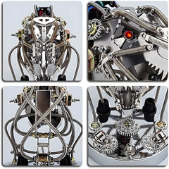 A four-quadrant close-up image detailing the front armor, glowing red eye, exposed wiring, and the control base gears and switches