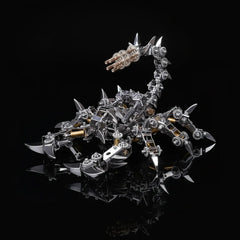 The robot scorpion model on a black reflective surface, showcasing its spiked armor and intricate heavy-duty legs