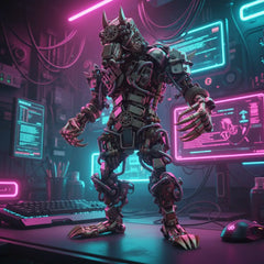 The Mechanical Werewolf model displayed on a desk in a futuristic cyberpunk office setting with neon lights and computer screens