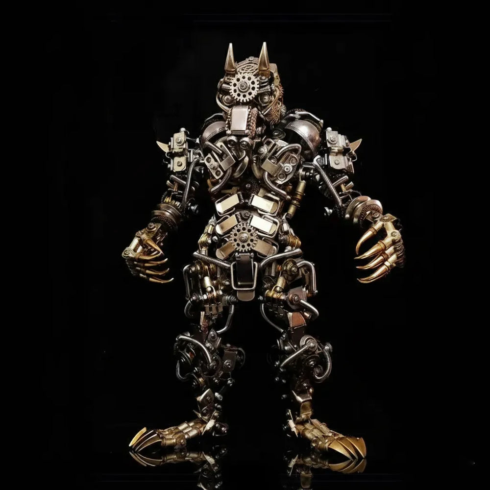 The Mechanical Werewolf 'The Beast', an expert-level DIY monster kit, shown from the front on a black reflective surface.