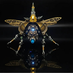 The Steampunk Beetle Model Kit 'Clockwork Scarab' on a black reflective surface, showcasing its glowing core and intricate brass gear system