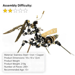 An informational graphic for the Mechanical Mantis, confirming its 2-star beginner difficulty, 200+ pieces, 210g weight, and 18x10x12cm dimensions
