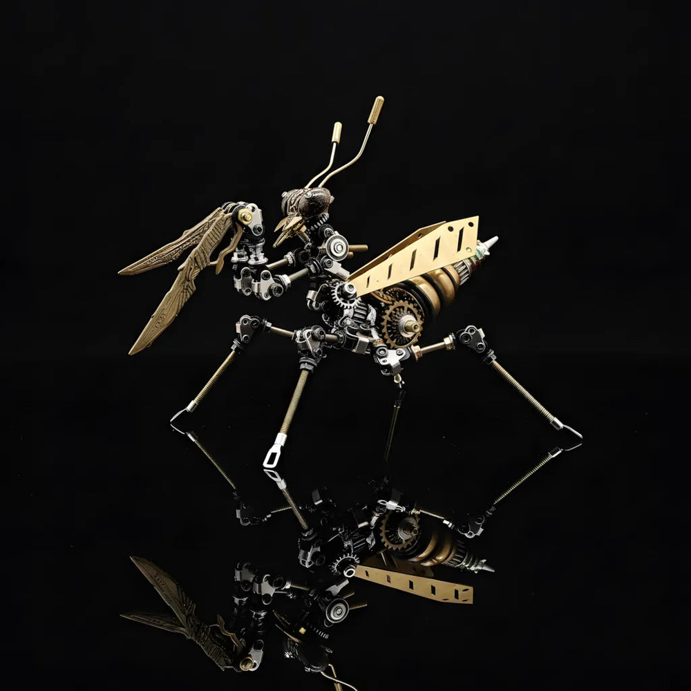 The Steampunk Mantis 'The Stalker', a beginner DIY mech kit, shown from the side on a black reflective surface