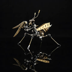 The Steampunk Mantis 'The Stalker', a beginner DIY mech kit, shown from the side on a black reflective surface
