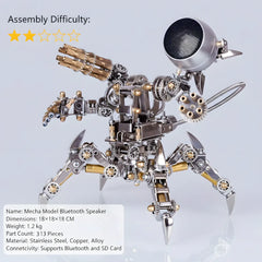 An informational graphic for the Mecha Speaker, listing its 2-star difficulty, 313 parts, 1.2kg weight, and Bluetooth/SD Card connectivity