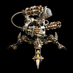 A menacing front view of the Mecha Speaker, highlighting its double gatling gun arms and its large speaker head in a dark setting