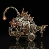 Assembled steampunk mechanical anglerfish model kit, an expert-level 3D metal puzzle, shown on a black reflective surface with its lure glowing