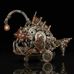 Assembled steampunk mechanical anglerfish model kit, an expert-level 3D metal puzzle, shown on a black reflective surface with its lure glowing
