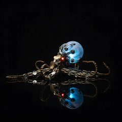 The Steampunk Mechanical Octopus 'The Kraken', an expert-level DIY kit, shown from the front on a black reflective surface