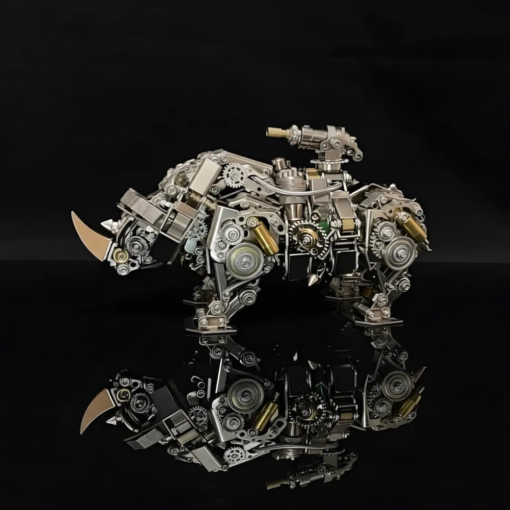 The Mechanical Rhino 'The Juggernaut', a DIY steampunk animal kit, shown from the side on a black reflective surface