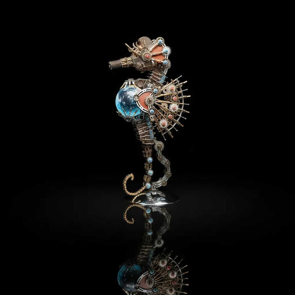 A front-angle view of the Steampunk Mechanical Seahorse, highlighting its intricate head and glowing galaxy orb