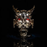 The Mechanical Minotaur Mask, a DIY steampunk kit, with its red LED eyes glowing on a black reflective surface