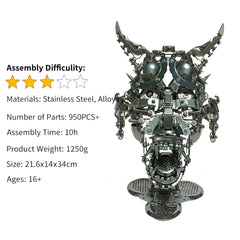The assembled Mechanical Minotaur Mask with a white background, clearly showing the key specifications: 950+ parts, Intermediate difficulty (3/5), and 34cm height