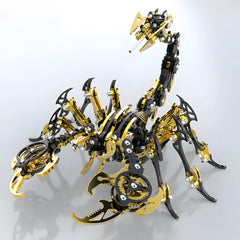 Dynamic angled view of the black and gold scorpion statue, emphasizing the complex internal gear system and clockwork art aesthetic