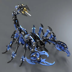 Dynamic angled view of the Mechanical Scorpion Model Kit in blue and black, showcasing the heavy-duty claws and tail