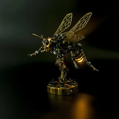 A dynamic studio shot of the mechanical wasp model, highlighting the warm, pulsating glow of its abdomen lamp.
