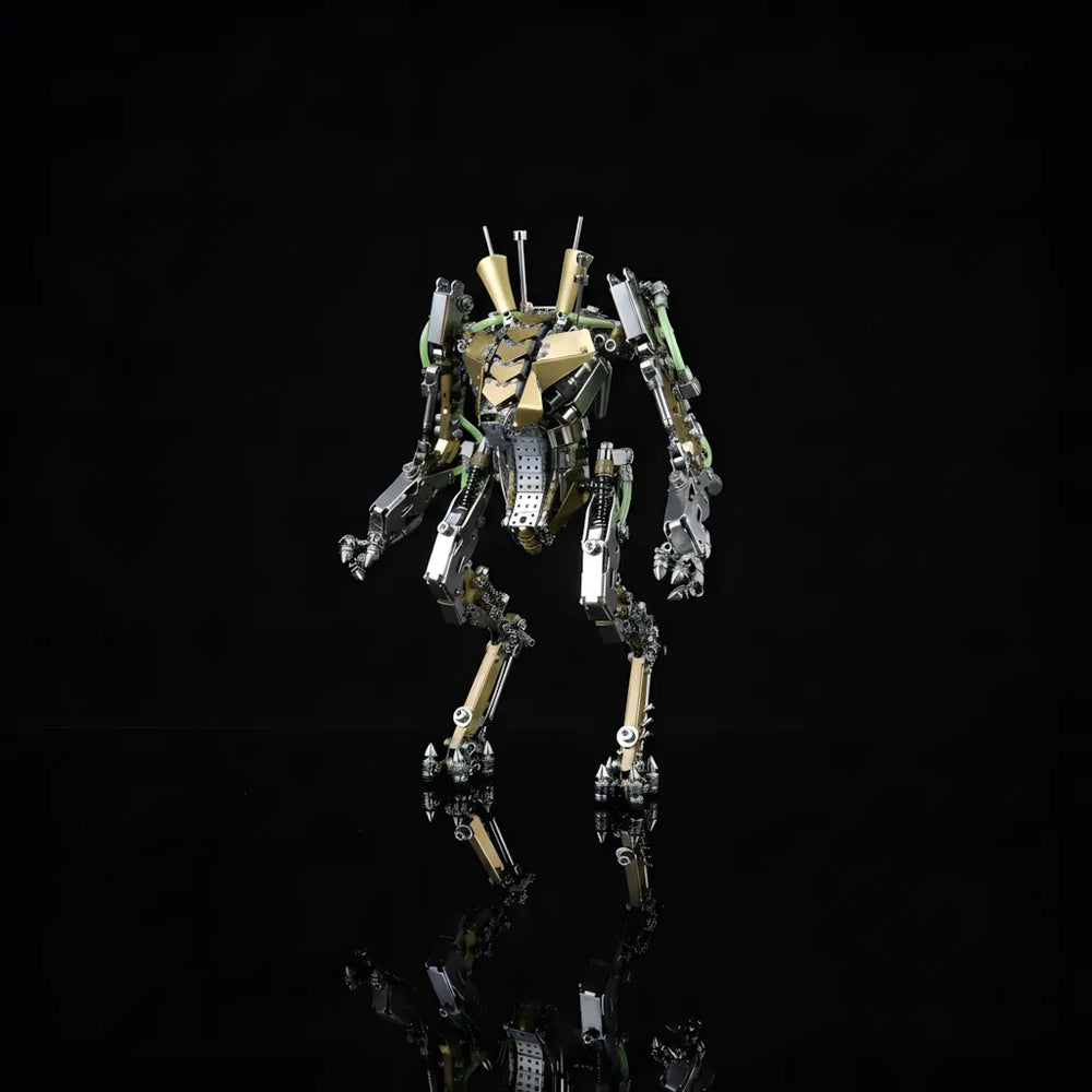 The XIA-A 1300-piece mecha robot on a black reflective background, showcasing its articulated limbs and detailed chassis.