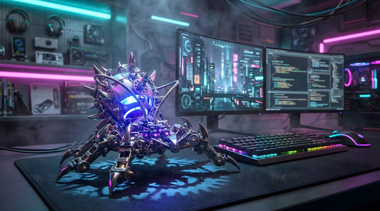 Cinematic cyberpunk gaming setup with neon blue and pink lighting, featuring stainless steel mechanical models as high-end desk decor.